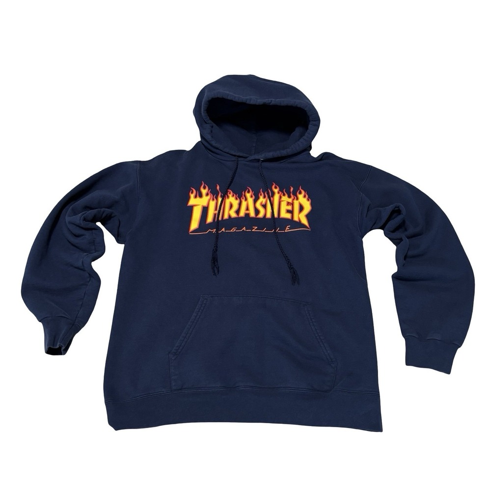 Thrasher Magazine Men's Graphic Fire Flame Logo Hoodie Navy Size Small‎